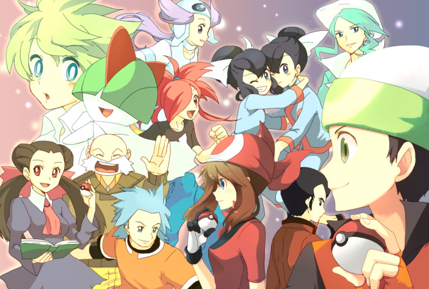 5girls 6+boys alternate_costume bandana book brawly_(pokemon) brendan_(pokemon) everyone fingerless_gloves flannery_(pokemon) gloves grin holding holding_book holding_poke_ball liza_(pokemon) may_(pokemon) multiple_boys multiple_girls norman_(pokemon) open_book paint.net_(medium) poke_ball poke_ball_(basic) pokemon pokemon_(creature) pokemon_emerald pokemon_rse ralts roxanne_(pokemon) sekka_koyori smile tate_(pokemon) wallace_(pokemon) wally_(pokemon) wattson_(pokemon) winona_(pokemon)