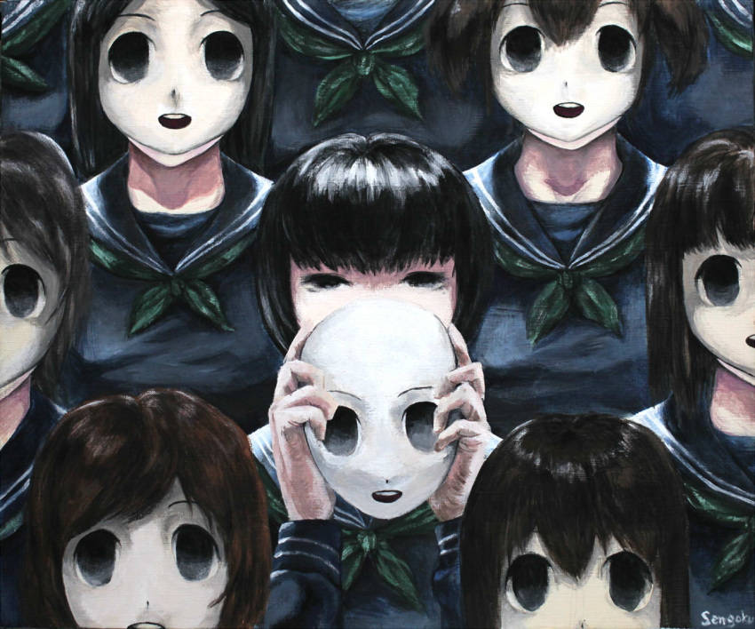 6+girls black_eyes black_hair commentary_request empty_eyes expressionless hecatoncheir horror_(theme) mask multiple_girls odd_one_out original school_uniform serafuku sgk short_hair signature symbolism