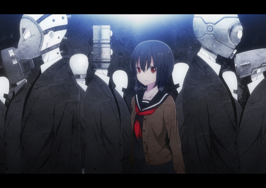 black_hair commentary_request female formal gas_mask highres laco_soregashi letterboxed looking_at_viewer mask necktie original photoshop_(medium) red_eyes school_uniform serafuku short_hair solo_focus suit sweater