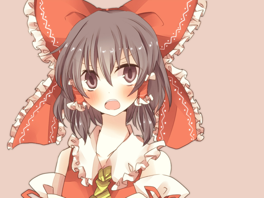 ascot bad_id bad_pixiv_id blush bow brown_eyes brown_hair detached_sleeves dress female hair_tubes hairbow hakurei_reimu highres open_mouth pasutel photoshop_(medium) red_bow red_dress simple_background solo touhou