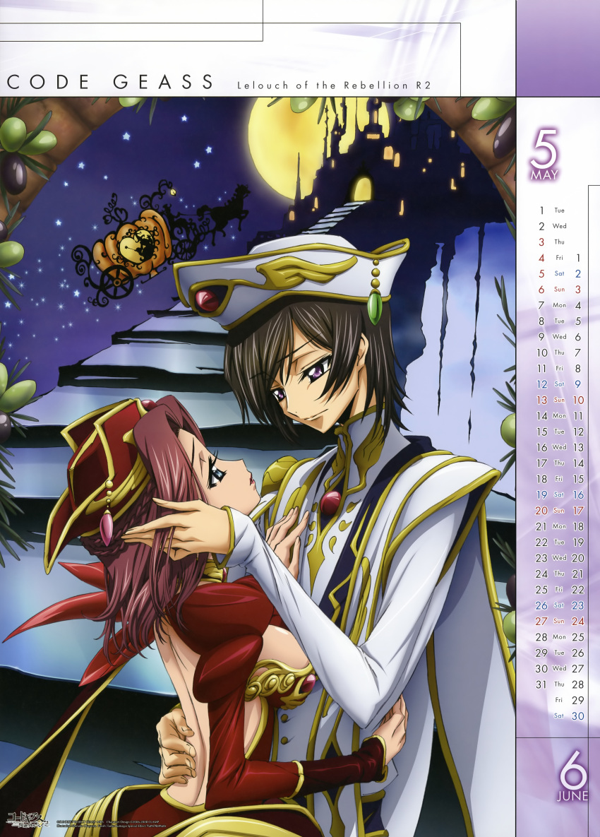 1boy absurdres alternate_costume alternate_hairstyle back black_hair blue_eyes braid breasts calendar_(medium) code_geass couple crown_braid eye_contact female hand_in_another's_hair hand_on_another's_back hand_on_another's_chest hat highres hug june kouzuki_kallen large_breasts lelouch_vi_britannia lipstick looking_at_another makeup official_art okayama_shinako purple_eyes red_hair short_hair stole straight