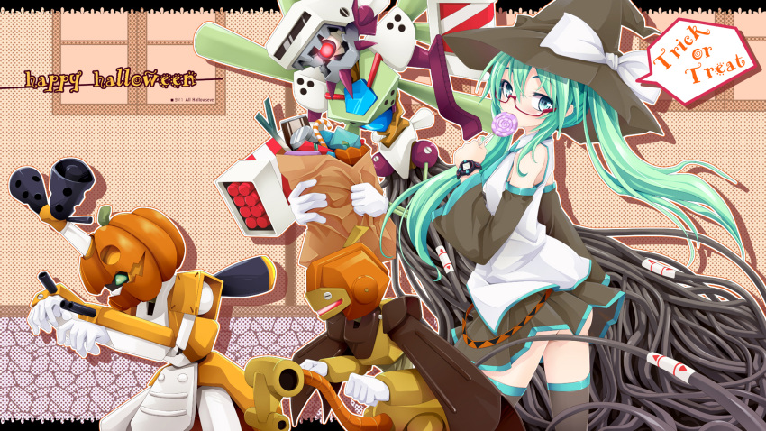 aqua_eyes aqua_necktie arm_cannon ass assault_visor bad_id bad_pixiv_id bag bare_shoulders beast_master_(medarot) belt black_hat black_skirt black_thighhighs blush bow breasts cable candy candy_cane cowboy_shot crossover dated detached_sleeves dithering english_text female food from_side glasses glowing green_eyes green_hair halloween happy_halloween hat hat_bow hatsune_miku highres holding holding_candy holding_food holding_lollipop humanoid_robot jack-o'-lantern ka-o'-lantern legs_apart letterboxed lollipop long_hair looking_at_viewer looking_back looking_to_the_side loose_belt medarot medawatch metabee miniskirt necktie ogami_kazuki outline paper_bag pleated_skirt profile pumpkin red-framed_eyewear robot rocket_launcher semi-rimless_eyewear shadow shirt sidelocks skirt small_breasts solo speech_bubble spring_onion standing striped swirl_lollipop thighhighs trick_or_treat twintails under-rim_eyewear vocaloid watch weapon white_bow white_shirt wide_sleeves window witch_hat wristwatch