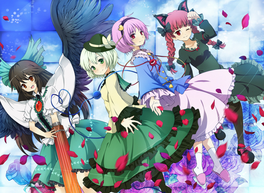 4girls animal_ears arm_cannon black_hair black_pantyhose black_wings blue_door blue_flower blue_rose blush bow braid brown_eyes cape cat_ears checkered_background cloud commentary_request day dress eyeball flower green_eyes green_hair hairband hairbow hat hat_bow heart heart_of_string highres kaenbyou_rin komeiji_koishi komeiji_satori large_wings long_hair long_sleeves mini_hat multiple_girls oerba_yun_fang one_eye_closed open_mouth pantyhose paw_pose petals photoshop_(medium) pink_eyes pink_flower pink_hair pink_rose purple_flower purple_rose red_eyes red_hair reiuji_utsuho rose short_hair sky sleeves_past_wrists slippers smile third_eye touhou twin_braids weapon wings