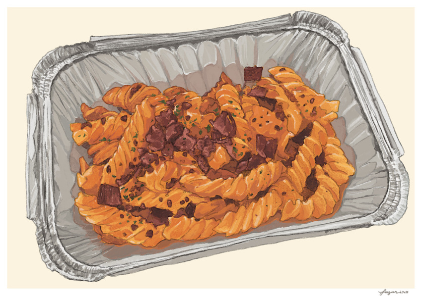 artist_name bowl commentary container english_commentary fajar_kurniawan food food_focus fusilli meat no_humans original pasta realistic signature simple_background still_life