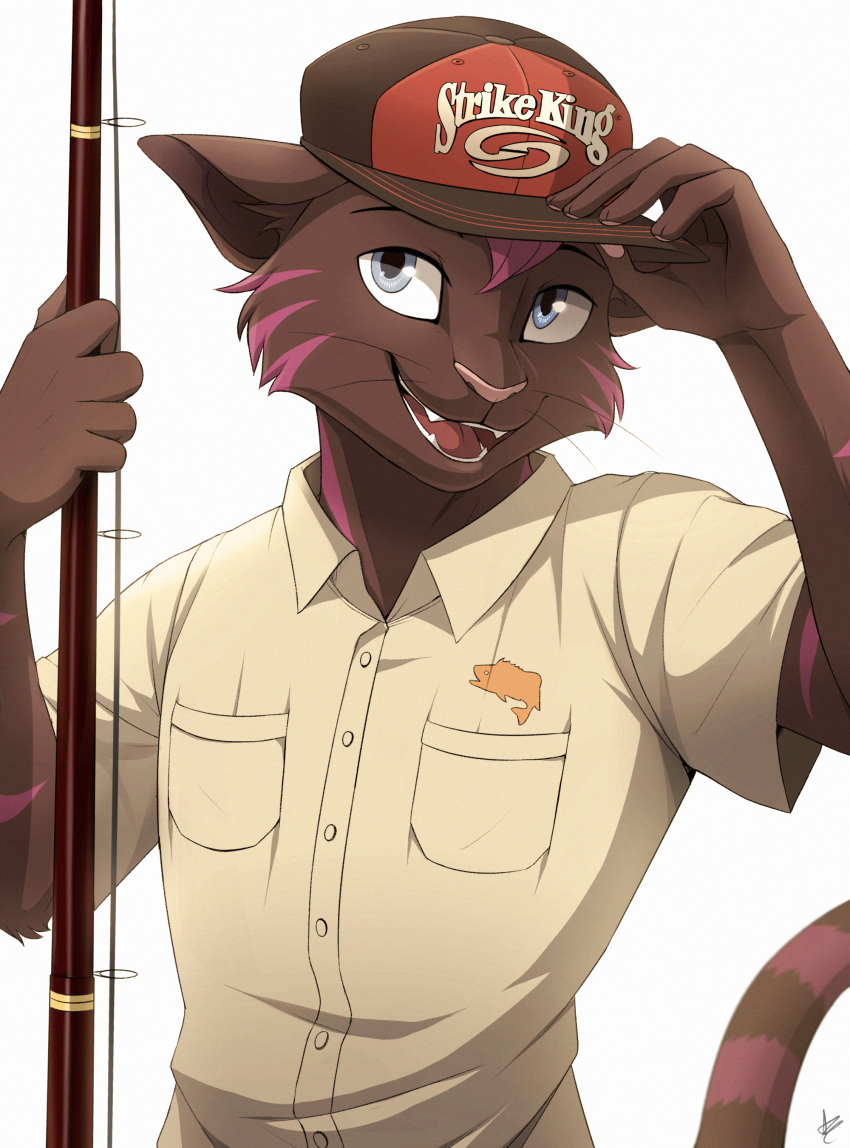 absurd_res anthro black_body black_fur blue_eyes clothed clothing domestic_cat evo_star felid feline felis fishing_cat fishing_hat fishing_rod fur hair hi_res male mammal prionailurus purple_hair seyumei smile solo striped_body striped_fur stripes