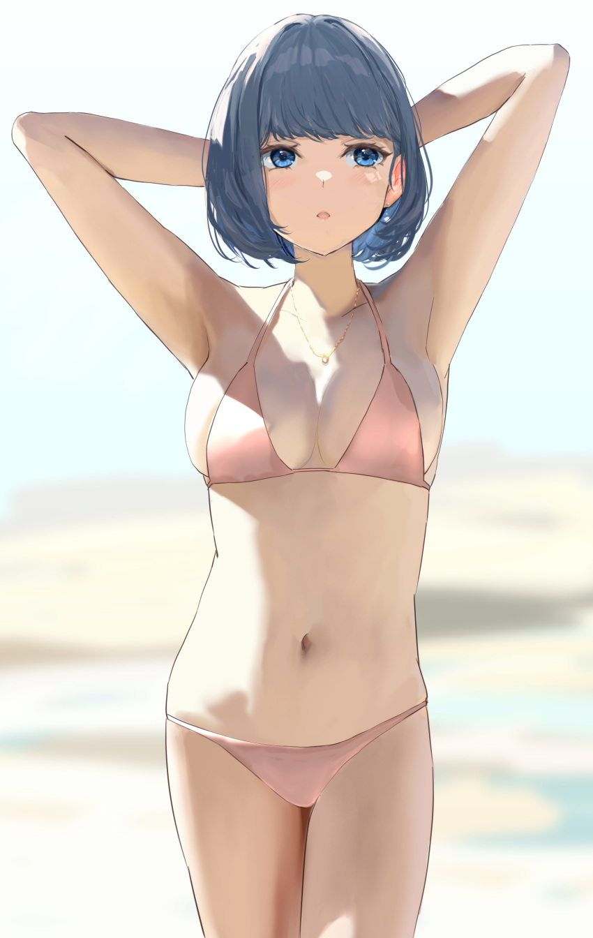 absurdres armpits bad_id bad_pixiv_id bare_arms bare_shoulders bikini blue_eyes blue_hair blurry blurry_background breasts collarbone commentary_request depth_of_field female highres icehotmilktea jewelry looking_away medium_breasts navel necklace original parted_lips pink_bikini short_hair solo standing swimsuit