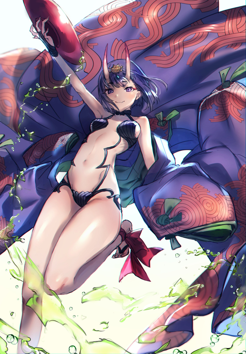 absurdres alcohol arm_up bare_shoulders barefoot barefoot_sandals_(jewelry) blush bob_cut breasts bridal_gauntlets closed_mouth collarbone eyeliner fate/grand_order fate_(series) feet female headpiece highres horns japanese_clothes katase_bono kimono long_sleeves looking_at_viewer makeup navel oni open_clothes open_kimono purple_eyes purple_hair purple_kimono revealing_clothes sake short_eyebrows short_hair shuten_douji_(fate) simple_background skin-covered_horns small_breasts smile solo thighs white_background wide_sleeves