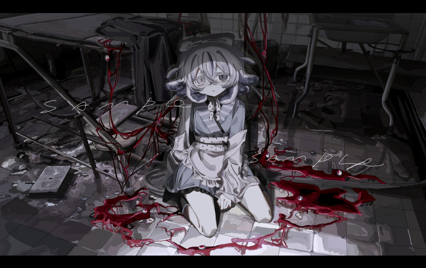 :< apron bad_id bad_pixiv_id between_legs bow choker closed_mouth commentary eyeball female frilled_apron frills hair_between_eyes hairbow hand_between_legs hen10 heterochromia highres horror_(theme) indoors letterboxed long_sleeves looking_at_viewer maid_apron medium_hair original polka_dot polka_dot_ribbon ribbon ribbon_choker sample_watermark seiza sitting slit_pupils socks solo tentacle_hair tile_floor tile_wall tiles waist_apron watermark white_apron