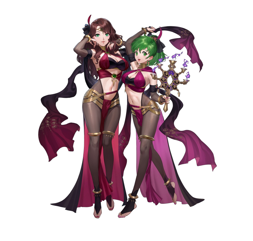 2girls absurdres anklet arm_up bodysuit breasts brown_hair cleavage closed_mouth commentary_request dorothea_arnault dorothea_arnault_(plegian) earrings ekao feathers fingernails fire_emblem fire_emblem:_genealogy_of_the_holy_war fire_emblem:_three_houses fire_emblem_heroes full_body gradient_clothes green_eyes green_hair hair_ornament hands_up highres holding jewelry large_breasts lene_(fire_emblem) lene_(plegian)_(fire_emblem) lips loincloth long_hair looking_at_viewer midriff multiple_girls nail_polish navel official_art open_mouth pelvic_curtain revealing_clothes shiny_clothes simple_background skin_tight smile standing tiara tied_hair toe_ring toeless_footwear toeless_legwear toes white_background