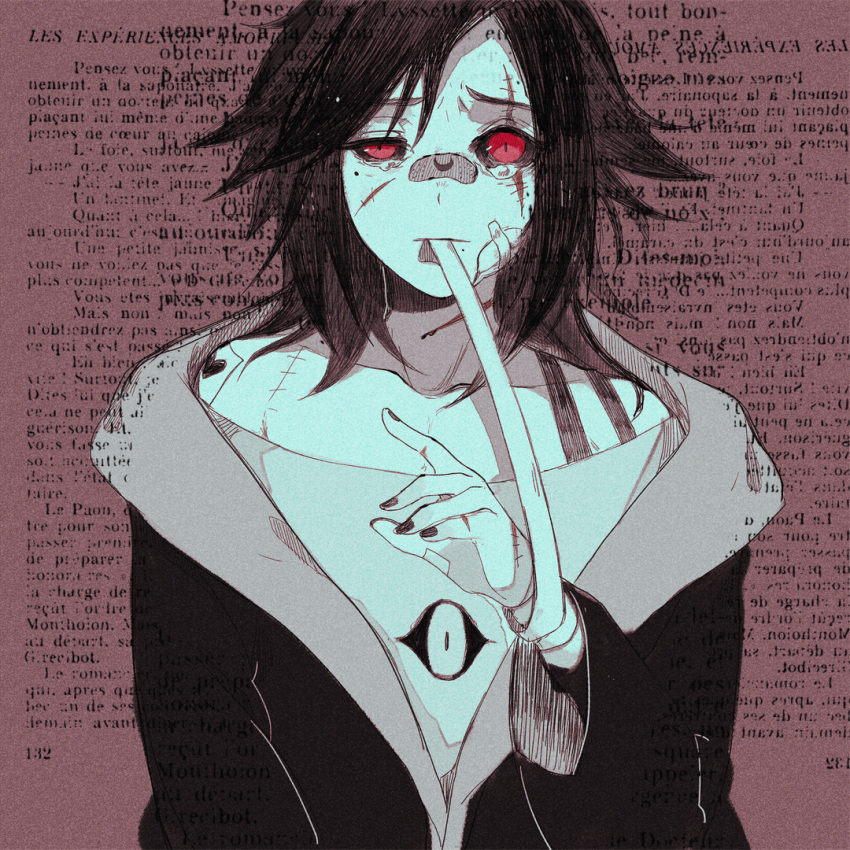 1boy bandaged_wrist bandages bandaid bandaid_on_face bandaid_on_nose bandaid_on_shoulder black_hair black_sclera closed_mouth collarbone colored_sclera crescent_print english_commentary eye_print frown greyscale_with_colored_background half-closed_eye heart heart_print holding_bandages hood hooded_jacket hoshi-pan inktober jacket looking_at_viewer medium_hair mouth_hold nail_polish off-shoulder_shirt off_shoulder original outstretched_hand red_background red_eyes scar scar_across_eye scar_on_face scar_on_shoulder shirt slit_pupils spot_color tearing_up text_background upper_body