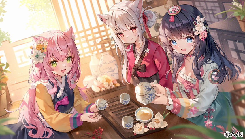 3girls :d animal_ear_fluff animal_ears black_hair blue_eyes brown_flower closed_mouth commentary_request copyright_notice cup flower fox_ears fox_girl green_eyes grey_hair hair_behind_ear hair_between_eyes hair_flower hair_ornament hanbok highres holding holding_cup holding_teapot indoors korean_clothes lee_siu long_hair long_sleeves looking_at_viewer multiple_girls nijisanji nijisanji_kr oerba_yun_fang official_art open_mouth pink_hair red_eyes sitting smile song_mia tea teacup teapot teeth upper_teeth_only very_long_hair virtual_youtuber white_flower yang_nari yang_nari_(1st_costume) yeonwa