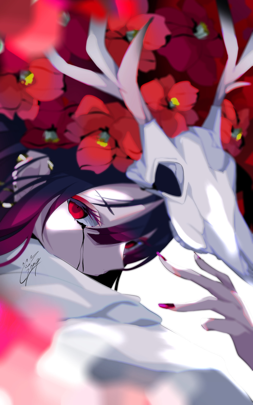 absurdres animal_skull black_hair black_tears camellia close-up crying female flower goma_irasuto gradient_hair hair_between_eyes hair_flower hair_ornament highres multicolored_hair original red_eyes red_flower red_hair red_nails signature skull solo