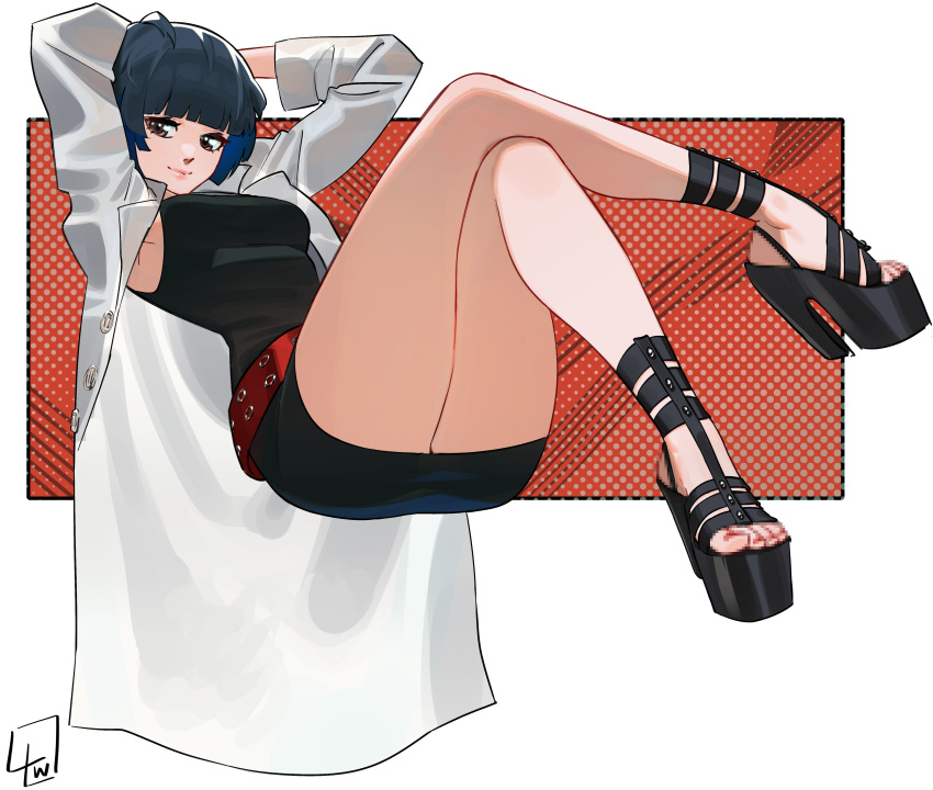 absurdres arms_up belt black_skirt black_tank_top blue_hair blunt_bangs breasts censored censored_feet closed_mouth coat commentary crossed_legs eyelashes feet female full_body high_heels highres invisible_chair knees_up l4wless lab_coat leaning_back legs lips long_sleeves looking_at_viewer medium_breasts medium_hair miniskirt mosaic_censoring nail_polish patterned_background persona persona_5 platform_footwear platform_heels red_belt red_nails romaji_commentary sandals signature sitting skirt solo takemi_tae tank_top thighs toenail_polish toenails toes white_coat