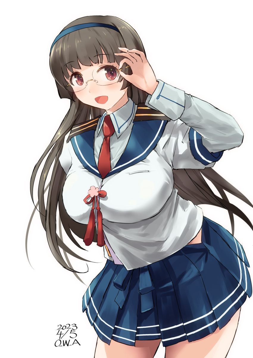 adjusting_eyewear alternate_costume artist_name blue_headband blue_skirt blush breasts choukai_(kancolle) cosplay cowboy_shot dated female headband highres kantai_collection large_breasts leaning_forward long_hair long_sleeves looking_at_viewer necktie ooyodo_(kancolle) ooyodo_(kancolle)_(cosplay) open_mouth owa_(ishtail) pleated_skirt red_eyes red_necktie rimless_eyewear simple_background skirt smile solo white_background