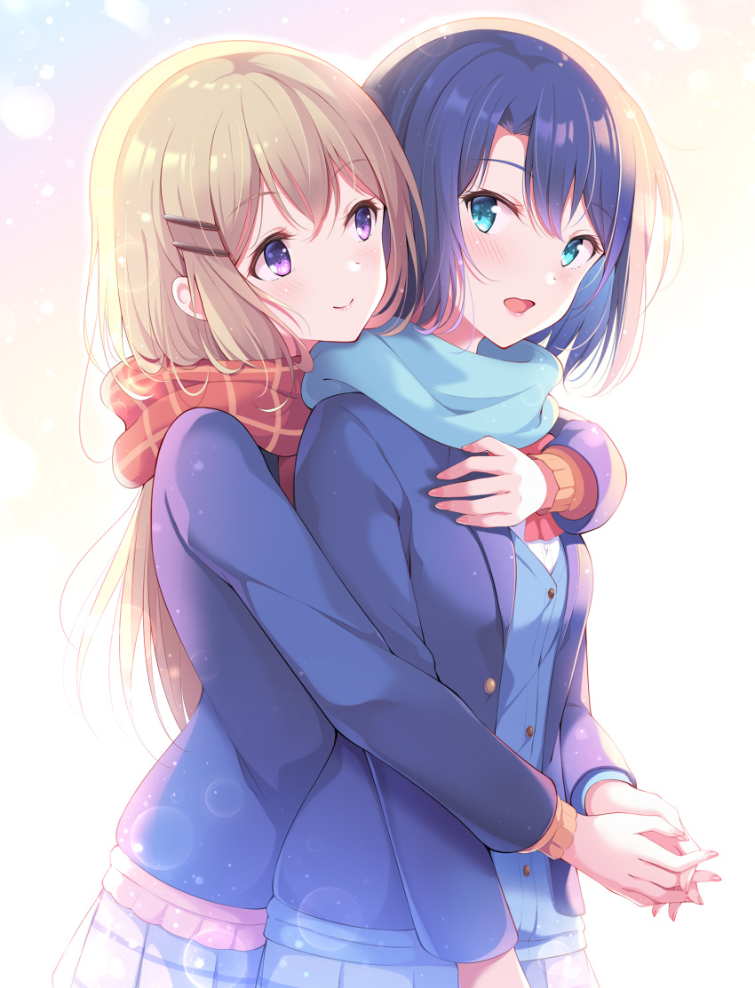 2girls adachi_sakura adachi_to_shimamura asymmetrical_bangs blue_eyes blue_hair blush bow breasts closed_mouth hair_between_eyes hair_ornament hairclip highres holding_hands hug hug_from_behind jacket kagami_(galgamesion) light_brown_hair long_hair long_sleeves looking_at_another md5_mismatch medium_breasts multiple_girls open_mouth resolution_mismatch scarf school_uniform shimamura_hougetsu short_hair simple_background skirt sleeveless smile source_smaller yuri