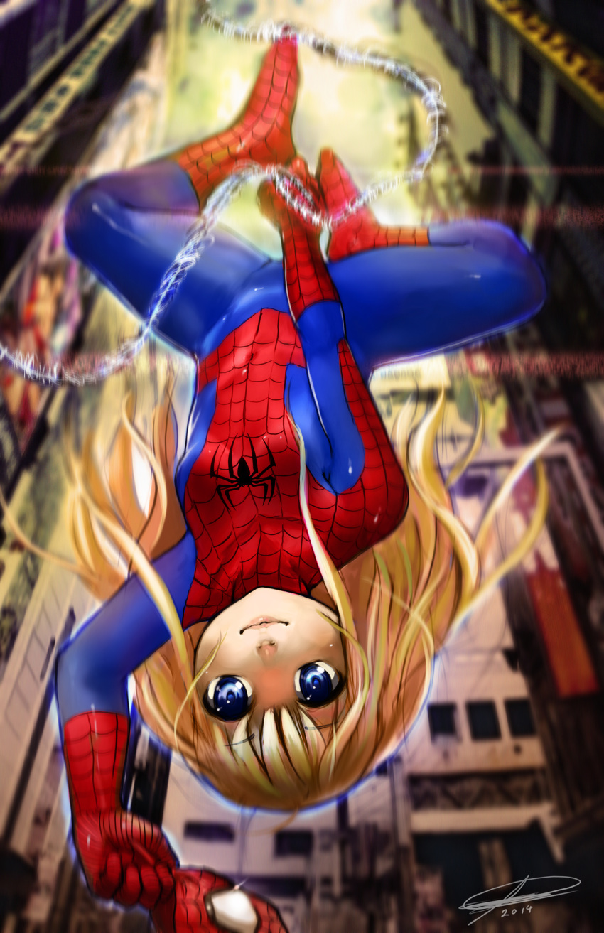 2014 animification blonde_hair blue_eyes blurry blurry_background breasts building english_commentary female genderswap_(mtf) highres holding holding_mask long_hair marvel mask medium_breasts robert_knight rope rule_63 signature skin_tight smile solo spider-man spider-man_(series) superhero_costume unworn_mask upside-down