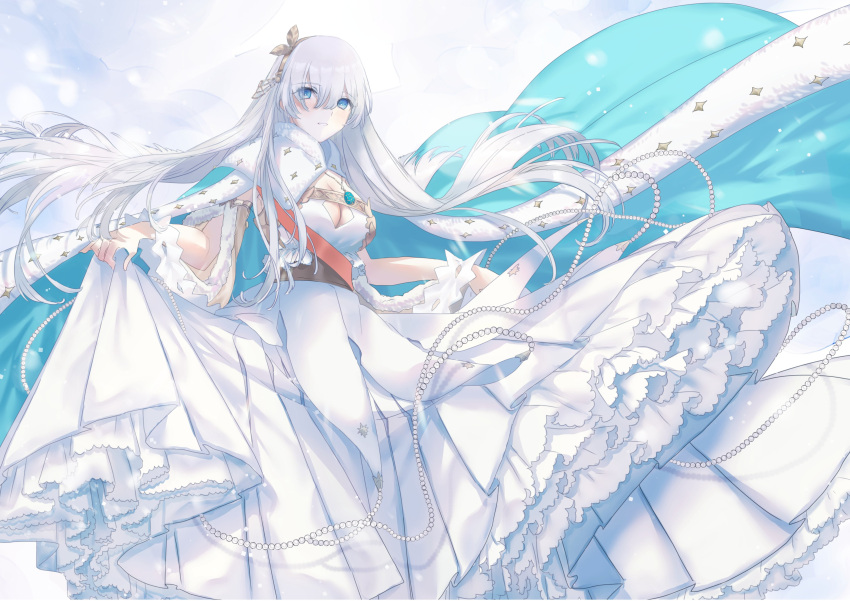 absurdres anastasia_(fate) blue_eyes breasts cape cleavage dress eyes_visible_through_hair fate/grand_order fate_(series) female gem hairband highres jewelry katase_bono long_dress long_hair pearl_(gemstone) pendant sleeveless sleeveless_dress solo white_hair