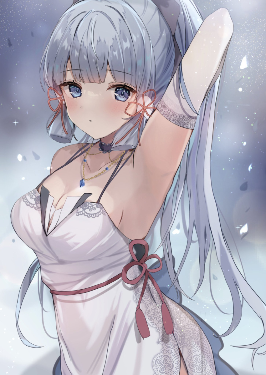 :o alternate_costume armpits arms_up blue_eyes blue_gemstone blue_hair blunt_bangs blush breasts cleavage elbow_gloves falling_petals female flower_knot gem genshin_impact gloves hair_ribbon halterneck highres jewelry kamisato_ayaka large_breasts looking_at_viewer maruro necklace petals ponytail reversed ribbon solo