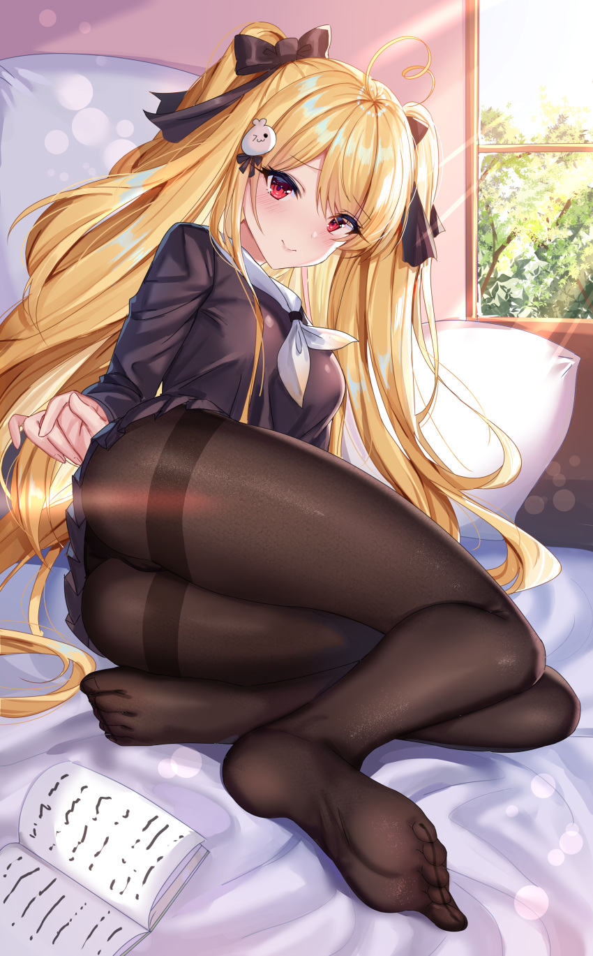 absurdres ass bed black_pantyhose black_ribbon blonde_hair book feet female hair_ribbon highres long_hair looking_at_viewer niliu_chahui no_shoes original pantyhose red_eyes ribbon school_uniform serafuku shanguier skirt soles solo tokisaki_asaba_(niliu_chahui) twintails window