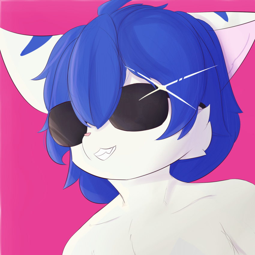 1:1 anthro bangs blue_hair chad_(meme) chocomint_texa digital_media_(artwork) eyewear fur gigachad hair hi_res icon kemono looking_away male meme multicolored_body multicolored_fur nude pink_background pink_nose shaded simple_background smile solo sunglasses texa_(chocomint_texa) two_tone_body two_tone_fur white_body white_fur