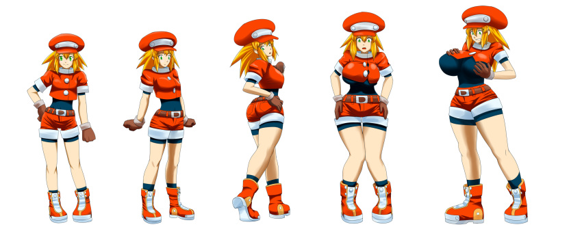 alternate_breast_size ass belt blonde_hair boots breast_expansion breasts commission cropped_jacket english_commentary female flat_chest green_eyes hat highres huge_breasts large_breasts medium_breasts mega_man_(series) mega_man_legends_(series) orange_footwear orange_headwear orange_shorts roll_caskett_(mega_man) shorts shorts_under_shorts small_breasts tomiokazchanz2023 transformation undersized_clothes