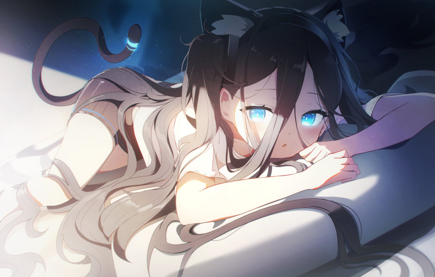 absurdly_long_hair absurdres animal_ear_fluff animal_ears aris_(blue_archive) black_hair black_hairband black_skirt blue_archive blue_eyes bright_pupils cat_ears cat_tail dark_background extra_ears female hair_between_eyes hair_spread_out hairband highres indoors kemonomimi_mode light liyom long_hair long_hair_between_eyes looking_at_viewer lying on_side on_stomach one_side_up open_mouth pillow ringed_eyes shirt skirt solo tail very_long_hair white_pupils white_shirt