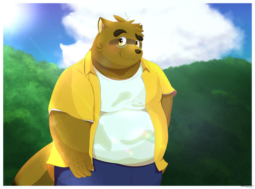 2023 absurd_res anthro belly big_belly black_nose blush bottomwear brown_body brown_fur canid canine clothing cloud eyewear fur glasses hi_res kamakitoron kemono kounosuke_(morenatsu) kumatoron male mammal morenatsu outside overweight overweight_male pants raccoon_dog solo sun tanuki