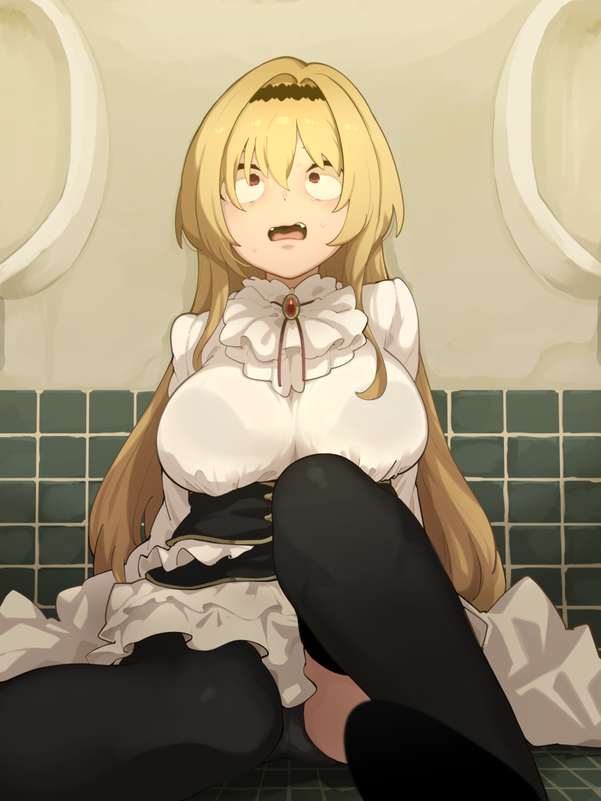 bathroom black_panties black_thighhighs blonde_hair bra_visible_through_clothes breasts brooch commentary_request commission constricted_pupils dress female hairband highres idolmaster idolmaster_cinderella_girls jewelry kurosaki_chitose large_breasts long_hair nervous_sweating oerba_yun_fang on_floor panties pantyshot red_eyes scared sitting skeb_commission solo sweat takato_kurosuke thighhighs underwear urinal white_dress wide-eyed