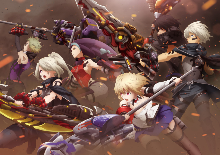 3boys 3girls black_hair black_legwear blonde_hair blue_eyes blue_skirt bracelet breasts claire_victorious cleavage cloak detached_sleeves dust elbow_gloves embers facial_mark from_side garter_straps gloves god_eater god_eater_3 green_eyes grey_hair hair_over_one_eye hammer high_ponytail highres holding holding_weapon hugo_pennywort jewelry large_breasts long_hair lulu_baran multicolored_hair multiple_boys multiple_girls non-web_source official_art player_(god_eater_3) polearm purple_eyes purple_hair red_eyes short_hair sideboob skirt sleeveless sword thigh_strap thighhighs two-tone_hair weapon zeke_pennywort