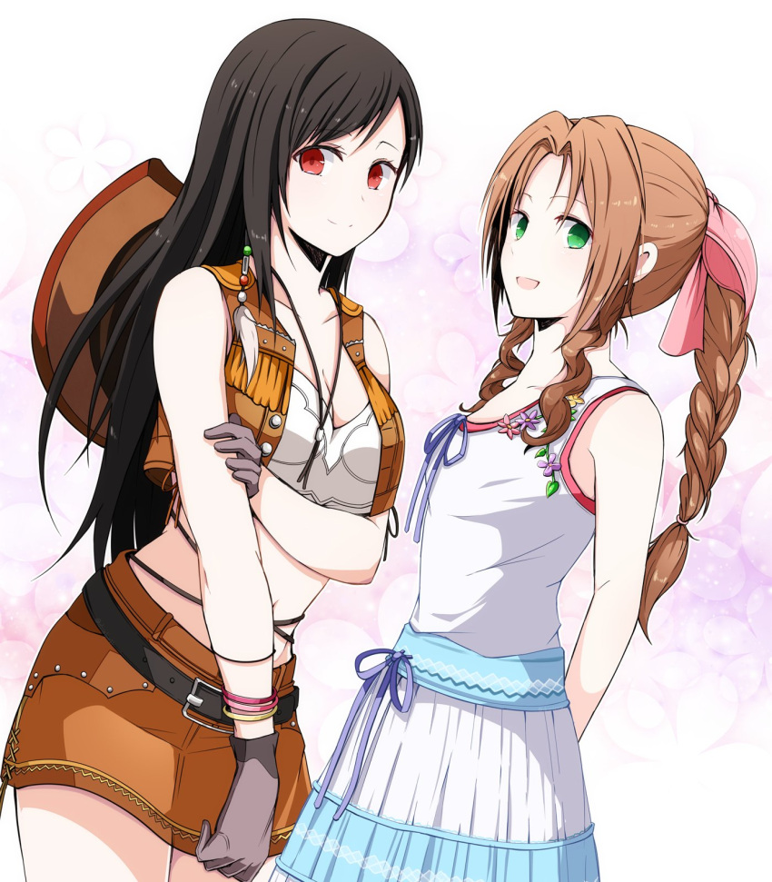 2girls aerith_gainsborough arm_under_breasts arms_behind_back beads belt belt_buckle black_belt black_hair bracelet braid braided_ponytail breasts brown_gloves brown_hair brown_skirt buckle cleavage cowboy_hat cowboy_shot cowgirl_(western) crisis_core_final_fantasy_vii crop_top dress final_fantasy final_fantasy_vii floral_background fringe_trim gloves green_eyes hair_beads hair_ornament hair_ribbon hat highres jewelry large_breasts leather_skirt leather_vest long_hair looking_at_viewer midriff multiple_girls nanao_(zonzonsh) navel official_alternate_costume open_mouth parted_bangs pink_ribbon red_eyes ribbon shirt sidelocks skirt small_breasts smile tifa_lockhart tifa_lockhart_(cowgirl) unworn_hat unworn_headwear wavy_hair white_dress white_shirt