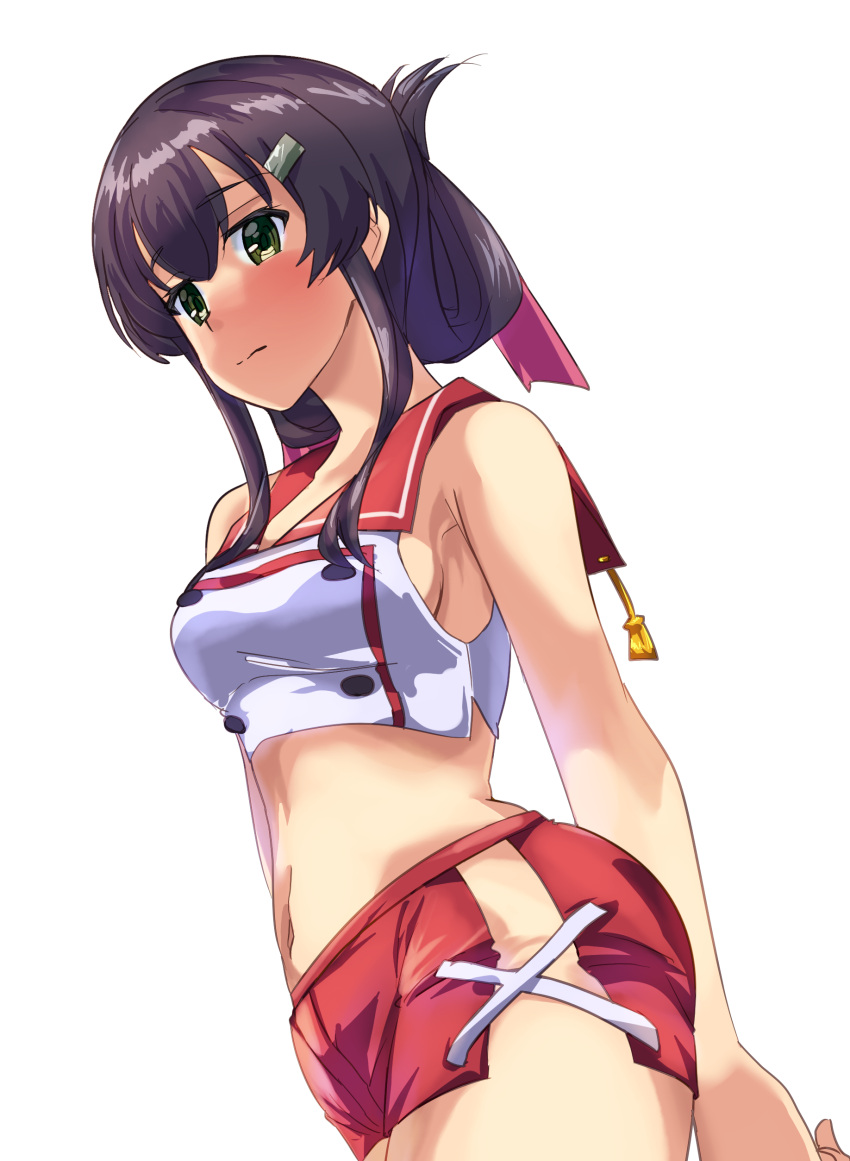 absurdres adapted_costume breasts closed_mouth commentary_request contrapposto female folded_ponytail green_eyes groin hair_ornament hairclip highres looking_at_viewer mashitono_desu medium_breasts minoseki_gakuin_uniform navel purple_hair red_sailor_collar sailor_collar school_uniform sideboob sidelocks solo standing stomach swimsuit toji_no_miko white_background yanase_mai