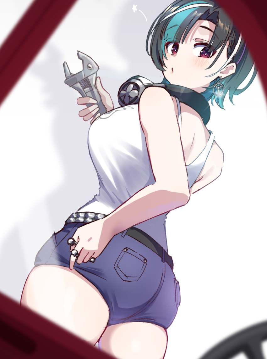 ass belt black_hair denim denim_shorts earrings female from_behind headphones headphones_around_neck highres holding holding_wrench hololive hololive_dev_is hyoe_(hachiechi) jewelry multicolored_hair red_eyes rindo_chihaya ring shirt shorts shorts_tug streaked_hair studded_belt virtual_youtuber white_shirt wrench