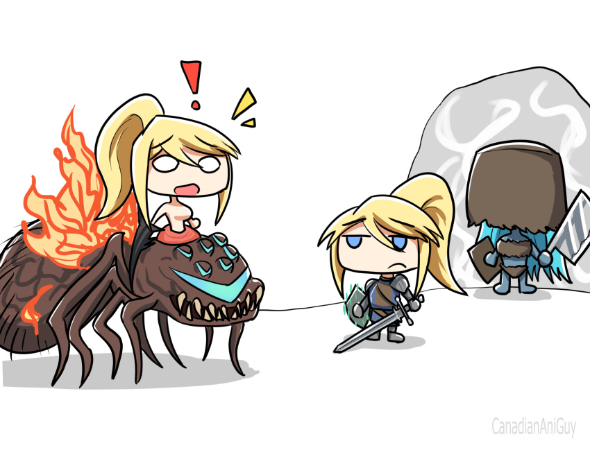 ! 3girls arachne armor arthropod_girl bag_over_head blank_eyes blonde_hair blue_eyes blue_hair blue_skin blue_visor breasts canadiananiguy centauroid chaos_witch_quelaag chibi cleaver colored_skin cosplay crossover dark_samus dark_souls_(series) dark_souls_i english_commentary extra_eyes extra_faces extra_mouth fangs frown fur_bikini fusion gameplay_mechanics hair_between_eyes high_ponytail highres holding holding_cleaver holding_shield holding_sword holding_weapon long_hair maneater_mildred metroid monster monster_girl multiple_girls no_pupils ponytail sa-x samus_aran sharp_teeth shield sidelocks spider_girl surprised sword taur teeth topless visor_(armor) weapon white_background x_parasite