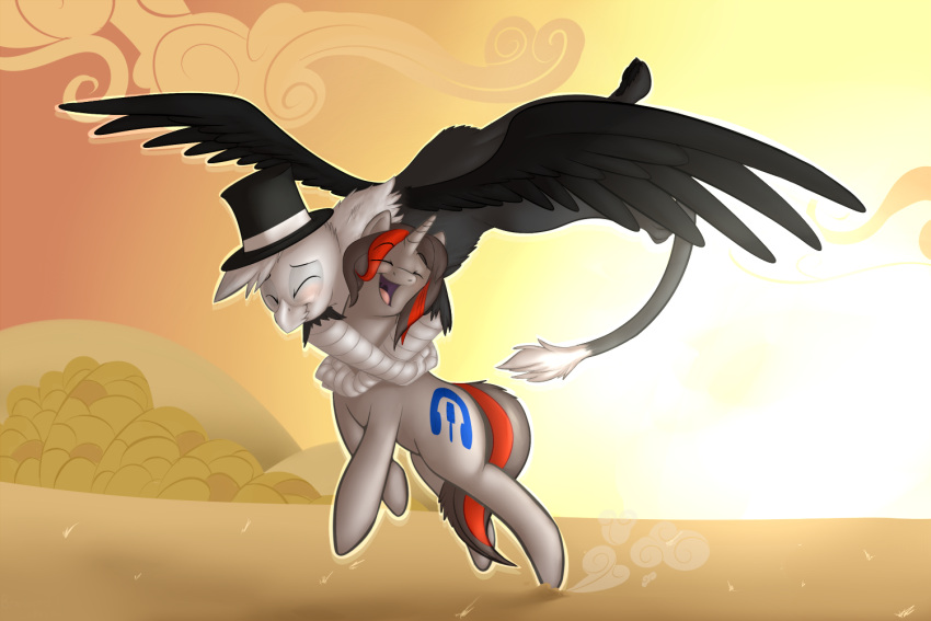 2012 3:2 ambiguous_gender avian beak black_body black_feathers closed_eyes clothing cutie_mark detailed_background digital_drawing_(artwork) digital_media_(artwork) duo dust_cloud equid equine eyebrows fan_character feathered_wings feathers feral flying fur grey_beak grey_body grey_fur grey_horn grey_mane grey_tail gryphon happy hasbro hat head_tuft headgear headwear hooves horn hug hugging_another hugging_from_behind lifting_another mammal mane multicolored_mane my_little_pony mythological_avian mythological_creature mythological_equine mythology open_mouth open_smile orange_mane orange_tail outside pink_tongue plant romantic romantic_couple shaded shrub smile soft_shading sunset tail tail_tuft tongue top_hat tree tuft two_tone_mane two_tone_tail unguligrade unicorn white_body white_feathers wings