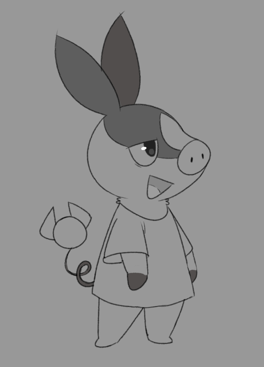 anthro big_shirt bottomless clothed clothing generation_5_pokemon hi_res male monochrome nintendo nylonheretic open_mouth pig_nose pokemon pokemon_(species) shirt shirt_only solo tepig tired_eyes topwear topwear_only