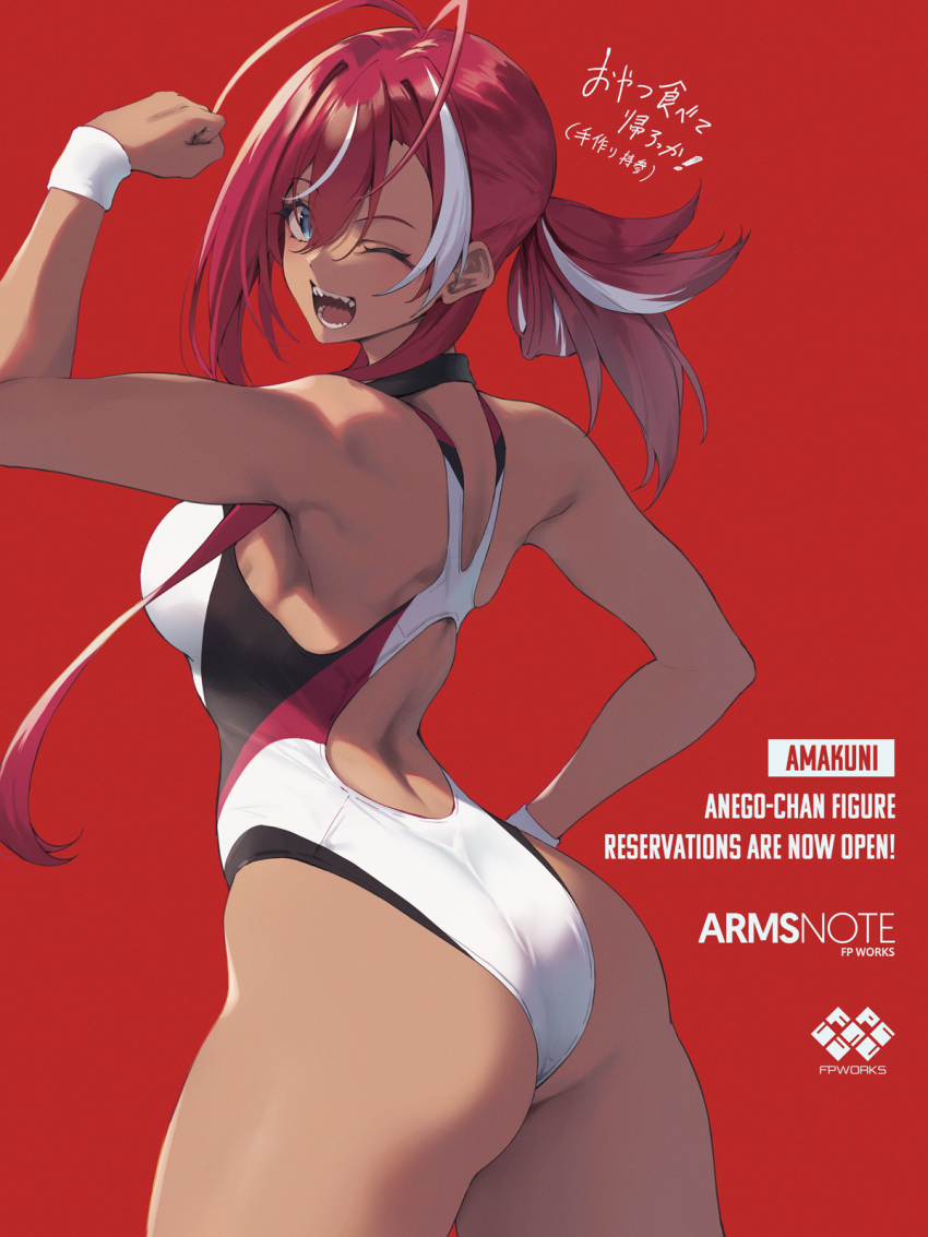 ad antenna_hair arms_note ass back bicep_curl blue_eyes breasts cropped_legs english_text female fukai_ryosuke hand_on_own_hip highleg highleg_one-piece_swimsuit highres multicolored_hair one-piece_swimsuit one_eye_closed original ponytail red_background red_hair sharp_teeth sideboob smile solo swimsuit tan teeth white_hair white_wristband wristband