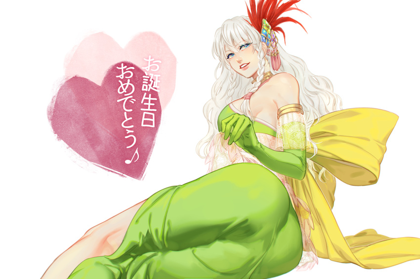 ass bare_shoulders blonde_hair blue_eyes breasts elbow_gloves feather_hair_ornament feathers feet_out_of_frame female gloves green_gloves grin hair_ornament heart khirzava kyougoku_maria_(sengoku_basara) large_breasts long_hair looking_at_viewer pink_lips red_feathers sengoku_basara simple_background smile solo translation_request white_background