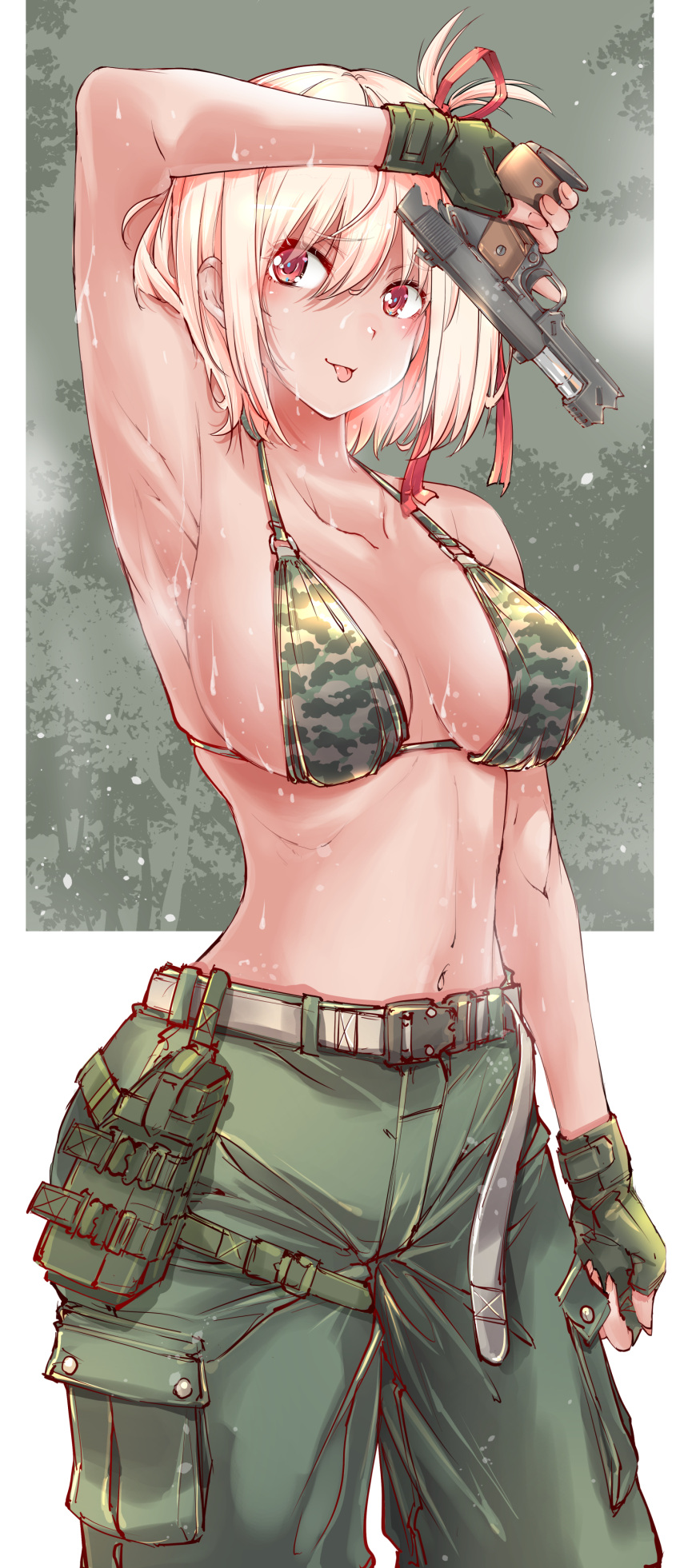 absurdres arm_up armpits belt blonde_hair bra breasts camouflage camouflage_bra camouflage_pants collarbone commentary_request cowboy_shot dated female fingerless_gloves forest gloves gun hair_ribbon handgun highres holding holding_gun holding_weapon large_breasts looking_to_the_side lycoris_recoil m1911 medium_hair military nature navel nishikigi_chisato pants pink_eyes pouch ribbon simple_background smile solo sweat sweaty_armpits tongue tongue_out underwear weapon yazawa_mana