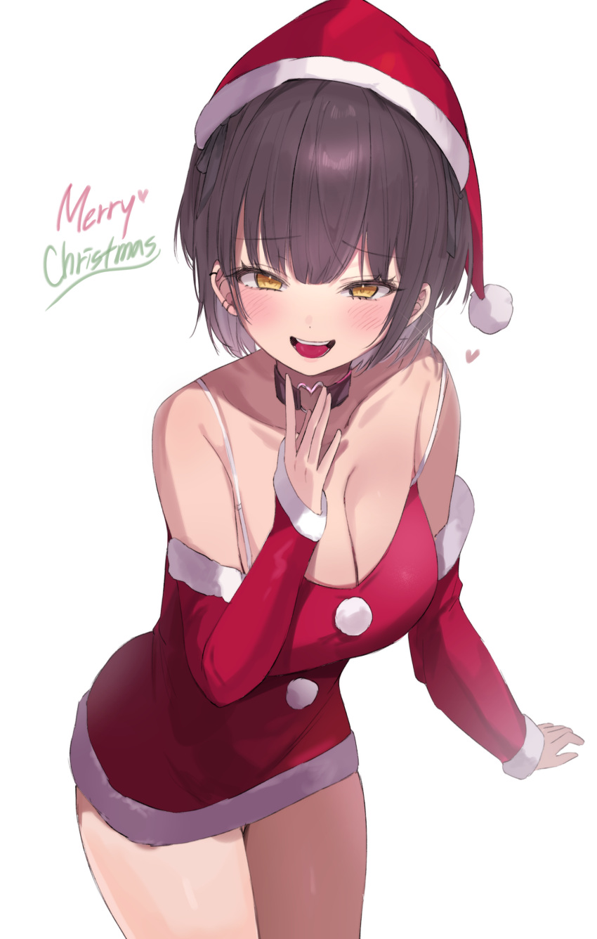 :d absurdres bare_shoulders breasts brown_hair dress female hand_up hat highres large_breasts long_sleeves merry_christmas open_mouth original red_dress red_hat santa_dress santa_hat shunyang_(fat_belly) simple_background smile solo spaghetti_strap standing teeth thighs tongue upper_teeth_only white_background yellow_eyes