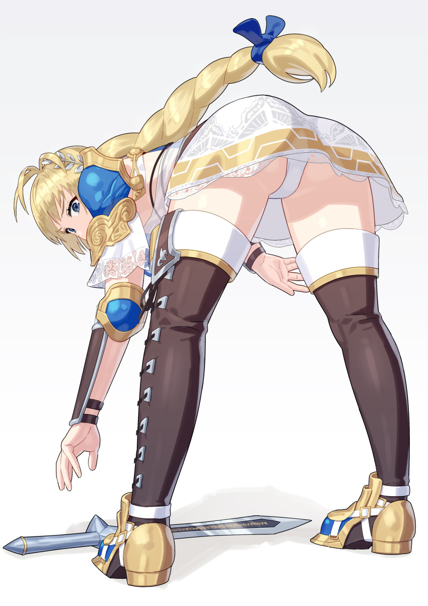 absurdres ahoge armor ass bent_over blonde_hair blue_eyes blue_ribbon boots braid commentary commission dress female floating_hair from_behind from_below hair_ribbon head_wreath highres looking_at_viewer looking_back panties pantyshot pauldrons pixiv_commission ribbon shoulder_armor solo sophitia_alexandra soulcalibur soulcalibur_vi sword thigh_boots underwear weapon white_background white_dress white_panties yagi2013