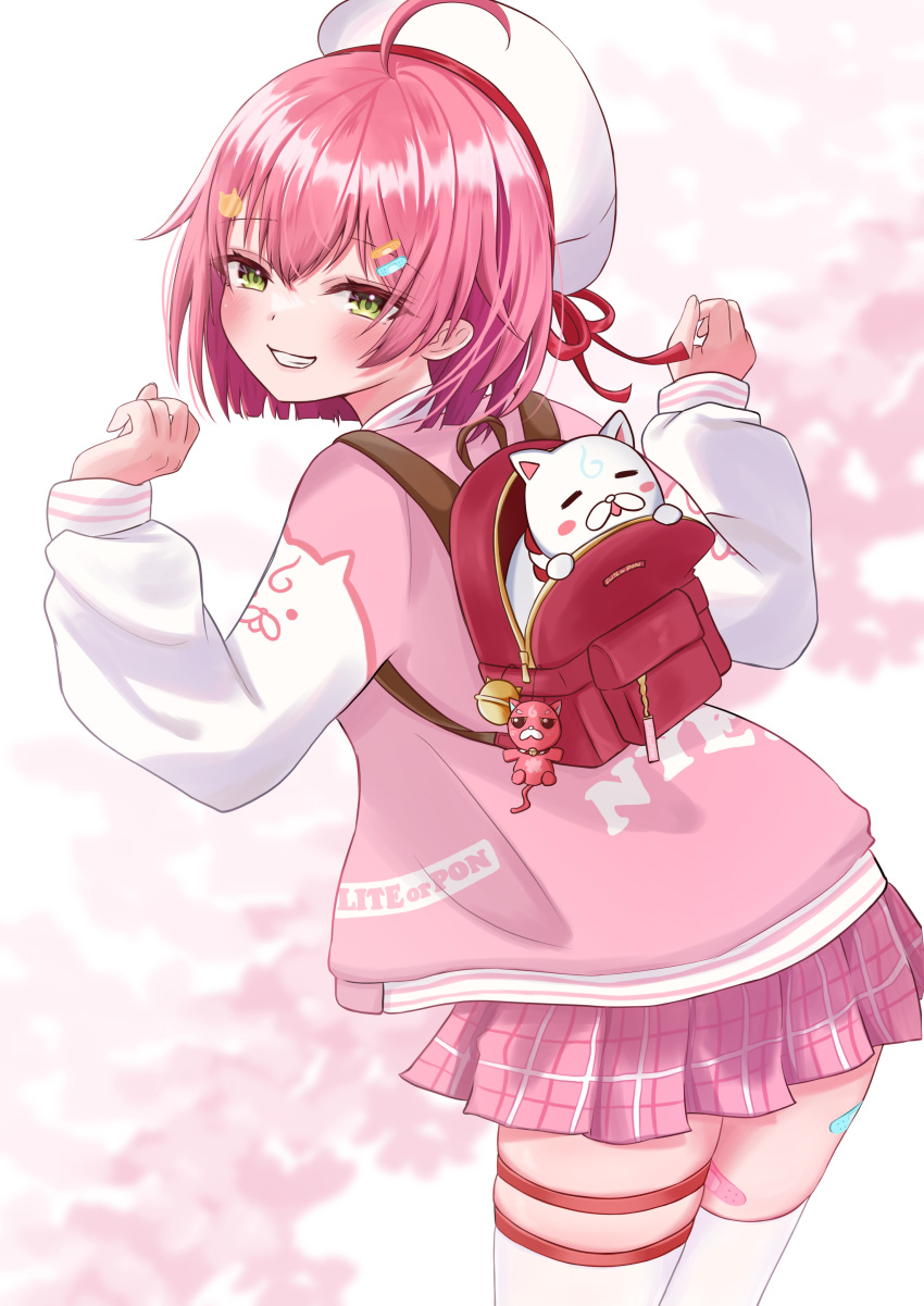 35p_(sakura_miko) absurdres ahoge backpack bag bandaid bandaid_hair_ornament bandaid_on_thigh beret blush cat_hair_ornament clenched_hands female floral_background from_behind green_eyes grin hair_between_eyes hair_ornament hairclip hands_up hat highres hololive in_bag in_container jacket kintoki_(sakura_miko) letterman_jacket long_sleeves looking_at_viewer looking_back official_alternate_costume pink_background pink_hair pink_jacket pink_skirt plaid_clothes plaid_skirt pleated_skirt red_bag sakura_miko sakura_miko_(school_uniform) short_hair skindentation skirt smile solo t4n4k4_no_yosei thigh_strap thighhighs turning_head virtual_youtuber white_hat white_thighhighs zettai_ryouiki