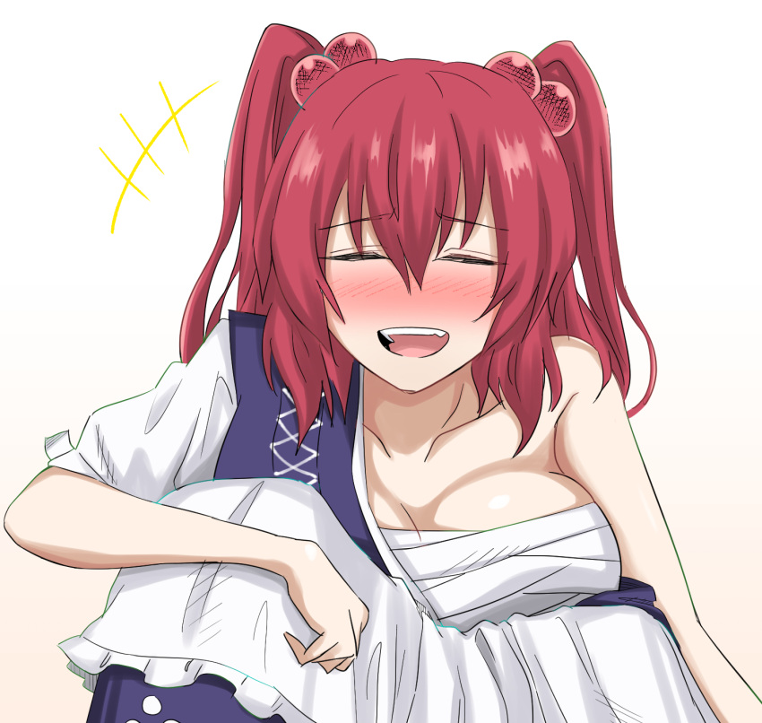 blush breasts cleavage closed_eyes collarbone erakokyu01 female highres large_breasts off_shoulder onozuka_komachi open_mouth red_hair smile solo touhou two_side_up