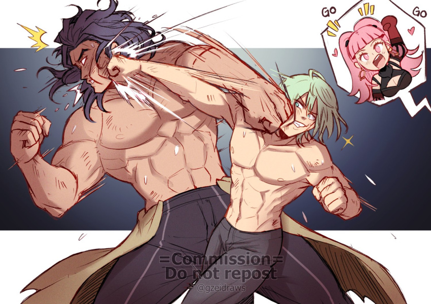 2boys abs arm_up balthus_von_albrecht black_hair blank_eyes chibi clenched_teeth english_commentary english_text enlightened_byleth_(male) female fighting fire_emblem fire_emblem:_three_houses furry furry_male green_eyes green_hair gzei heart hilda_valentine_goneril male_focus multiple_boys muscular muscular_male nipples pectorals pink_hair punching sparkle speech_bubble spoken_character teeth topless_male twitter_username watermark