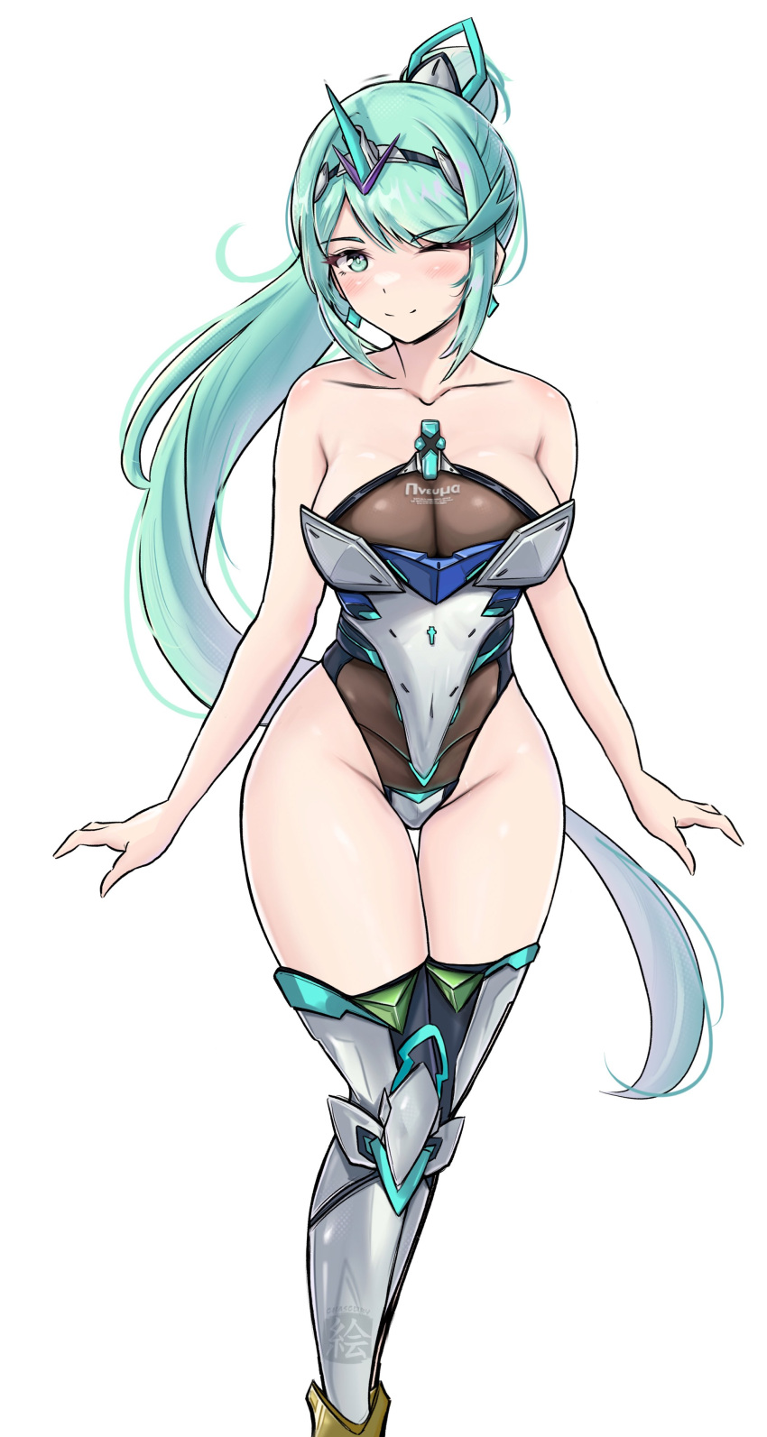 ;) absurdres bare_shoulders breasts chascoby closed_mouth collarbone core_crystal_(xenoblade) curvy earrings english_commentary female green_eyes green_hair highleg highleg_leotard highres jewelry large_breasts leotard long_hair looking_at_viewer one_eye_closed pneuma_(xenoblade) ponytail simple_background smile solo strapless strapless_leotard thigh_gap thighhighs very_long_hair white_background xenoblade_chronicles_(series) xenoblade_chronicles_2