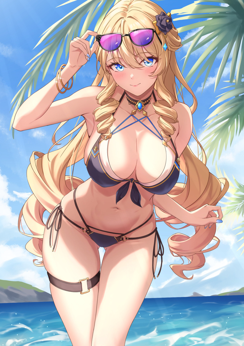 absurdres alternate_costume bikini blonde_hair blue_bikini blue_eyes blue_nails blue_sky blush bracelet breasts cleavage commentary_request day drill_hair female flower gem genshin_impact gold_bracelet hair_flower hair_ornament highres jewelry large_breasts leg_wrap light_smile long_hair looking_at_viewer md5_mismatch navel navia_(genshin_impact) ocean outdoors resolution_mismatch side-tie_bikini_bottom sky solo source_smaller stomach string_bikini swimsuit twin_drills vic_1223 white_background