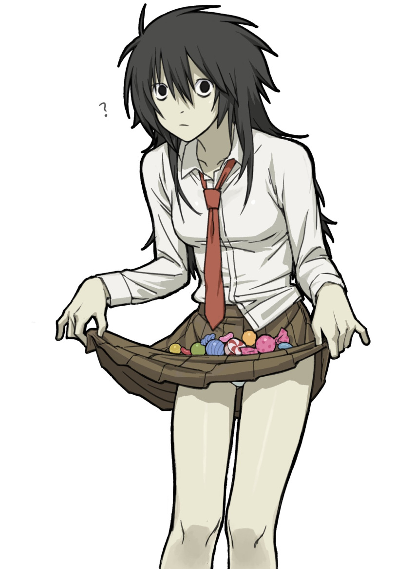 ? black_eyes black_hair candy collared_shirt commentary death_note fckdup_asht female food genderswap_(mtf) highres l_(death_note) long_hair long_sleeves necktie panties pantyshot pleated_skirt rule_63 shirt skirt skirt_basket skirt_hold solo underwear wrapped_candy