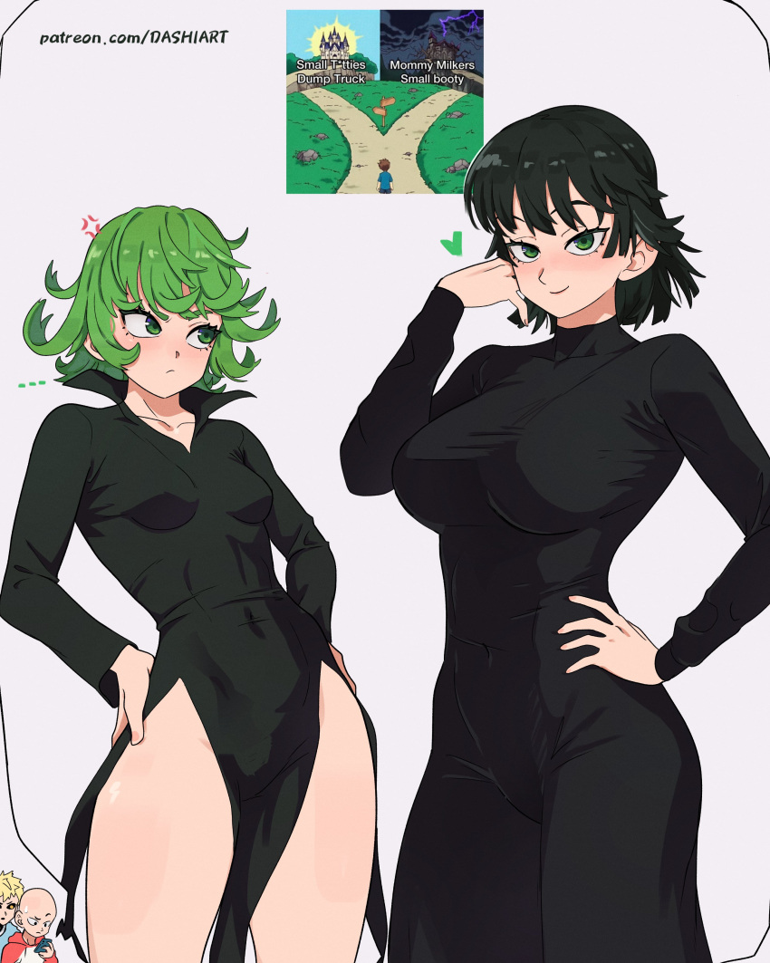 2boys absurdres black_dress breasts collarbone covered_navel cowboy_shot curly_hair dashi_(dashiart) dress english_text frown fubuki_(one-punch_man) genos green_eyes green_hair hand_on_own_hip heart highres large_breasts long_sleeves looking_at_another looking_at_viewer meme multiple_boys one-punch_man saitama_(one-punch_man) short_hair siblings sisters small_breasts tatsumaki