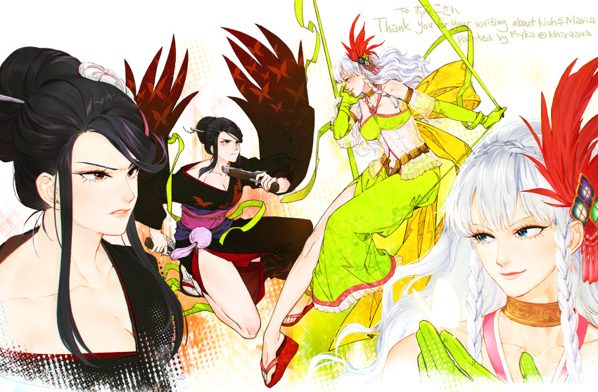 2girls black_hair black_kimono blue_eyes braid breasts brown_eyes crown_braid dual_wielding elbow_gloves eye_contact feather_hair_ornament feathers frown gloves green_gloves green_ribbons green_skirt gun hair_bun hair_ornament handgun highres holding japanese_clothes khirzava kimono kyougoku_maria_(sengoku_basara) large_breasts looking_at_another multiple_girls multiple_views nouhime_(sengoku_basara) off_shoulder okobo red_feathers ribbon sandals sengoku_basara side_braids side_slit skirt smile weapon white_hair zouri