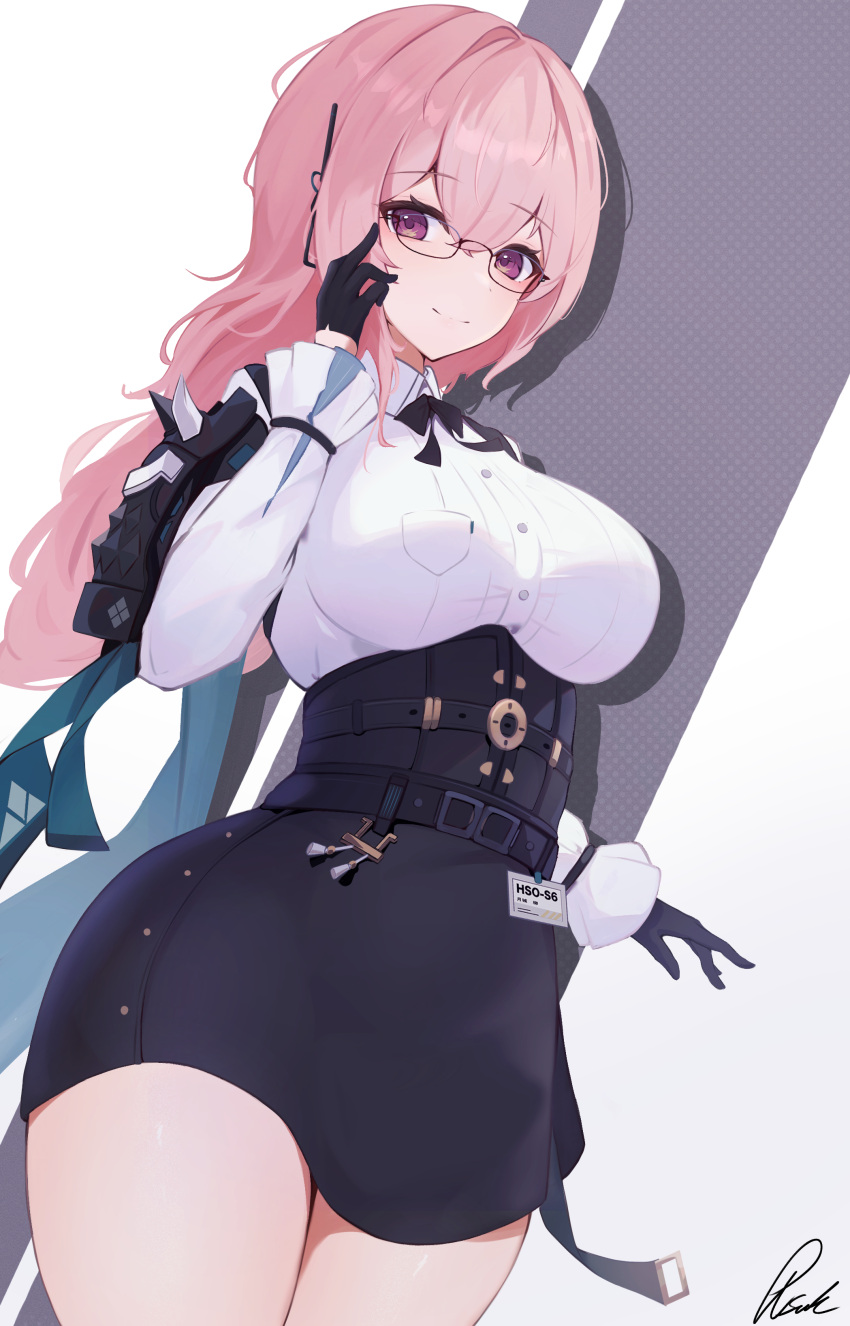 absurdres black_bow black_bowtie black_gloves black_skirt bow bowtie breasts collared_shirt female glasses gloves high-waist_skirt highres large_breasts long_hair long_sleeves looking_at_viewer meme_attire pink_eyes pink_hair pisuke_(user_kcmh2774) shirt shirt_tucked_in signature skirt smile solo tsukishiro_yanagi two-tone_background virgin_killer_outfit white_shirt wide_hips zenless_zone_zero