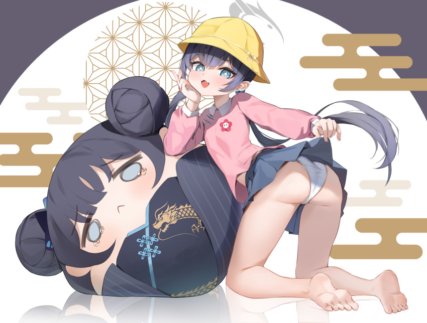 +_+ ass bare_legs barefoot black_hair blue_archive blue_eyes clothes_lift commentary egasumi feet female flower_pin grey_halo grey_skirt hair_bobbles hair_ornament halo hat head_rest highres kindergarten_uniform kisaki_(blue_archive) kisaki_(kindergarten_uniform)_(blue_archive) kneeling lifting_own_clothes long_hair long_sleeves looking_at_viewer miniskirt open_mouth panties pink_shirt pleated_skirt school_hat shirt shuvi_(shuvi1125) skirt skirt_lift smile soles solo souvenir_doll_(blue_archive) toes twintails underwear white_panties yellow_hat